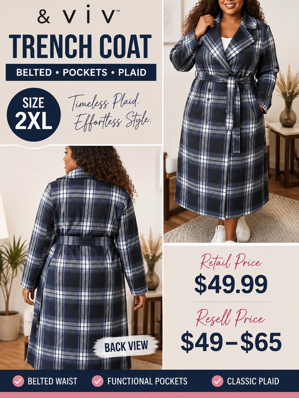Women's Plaid Trench Coat with Belt - Navy/White